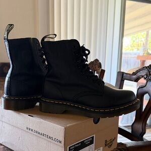 Dr. Martens Black Lace-Up Leather Combat Boots with Yellow Stitching